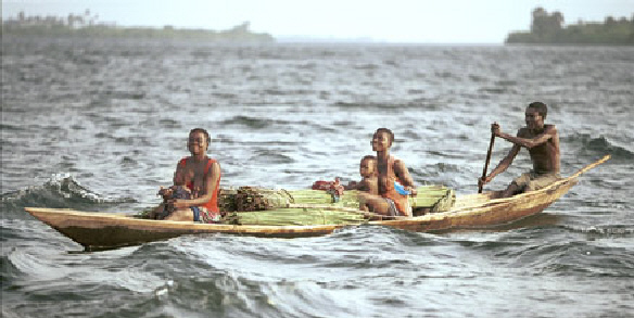 Two women and children on boat
